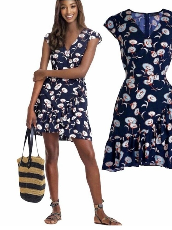 J. Crew Dresses & Skirts - J.Crew Blue Floral Faux Wrap Ruffle Dress Sz 2 Cottagecore Dainty Summer Wedding